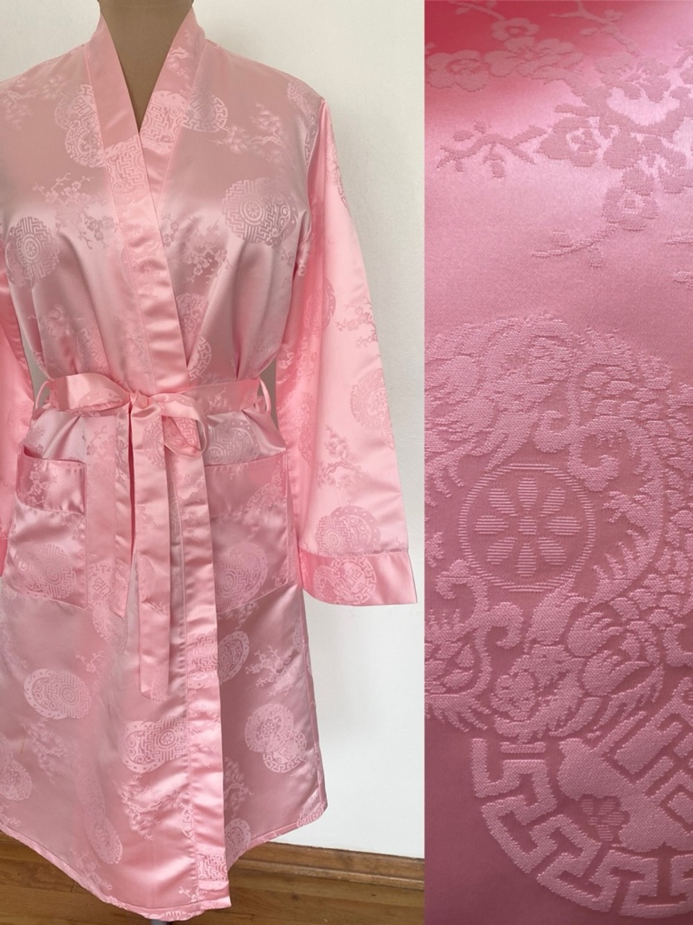 Vintage 60s Oriental Satin Kimono Robe *Medium* PINK Floral Jacquard Bathrobe